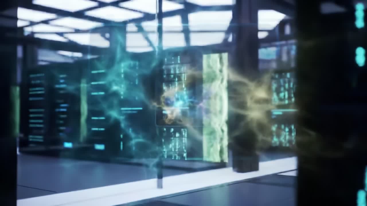 In a high-tech server room, complex data visualizations and futuristic graphics showcase real-time information and analytics. This advanced setup highlights technology in action.