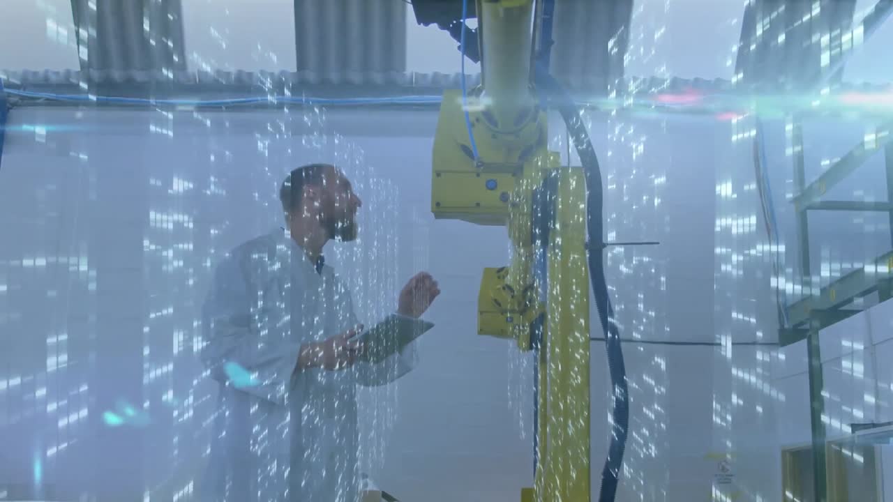 태블릿을 가진 남성 과학자에 대한 데이터 처리 애니메이션