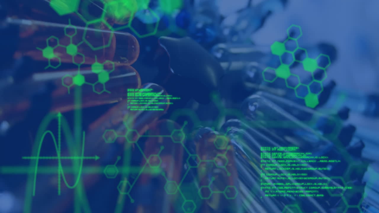 animación del procesamiento de datos científicos sobre tubos de ensayo que giran en el laboratorio