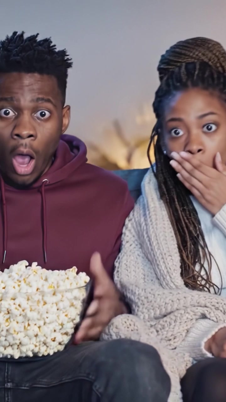 Fængslet og engageret: En spændende filmaften mellem venner med popcorn, overraskende reaktioner og følelser afsløret i et filmisk øjeblik