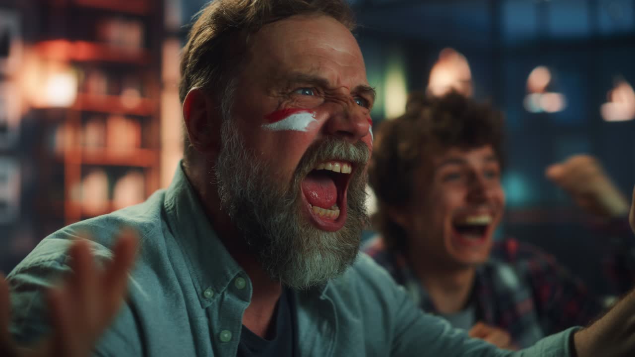 At Home Three Joyfuls Sports Fans with Painted Faces Sitting on a Couch Watch Game on TV, Celebrate Victory when Sports Team Wins Championship. Friends Cheer, Shout. Close-up Portrait Shot