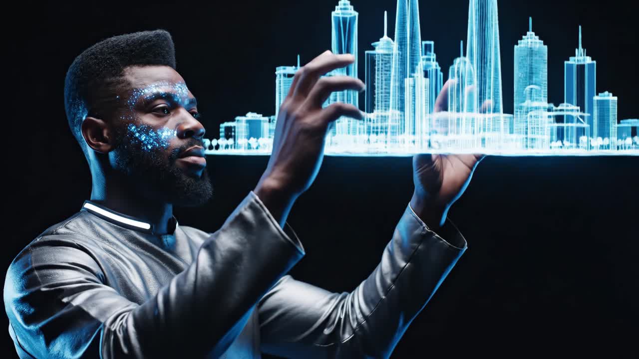 Futuristic Cityscape Hologram with Man