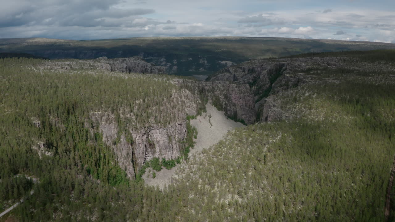 Aerial footage slowly flying toward rugged canyon cliffs framed by thick evergreen forest.