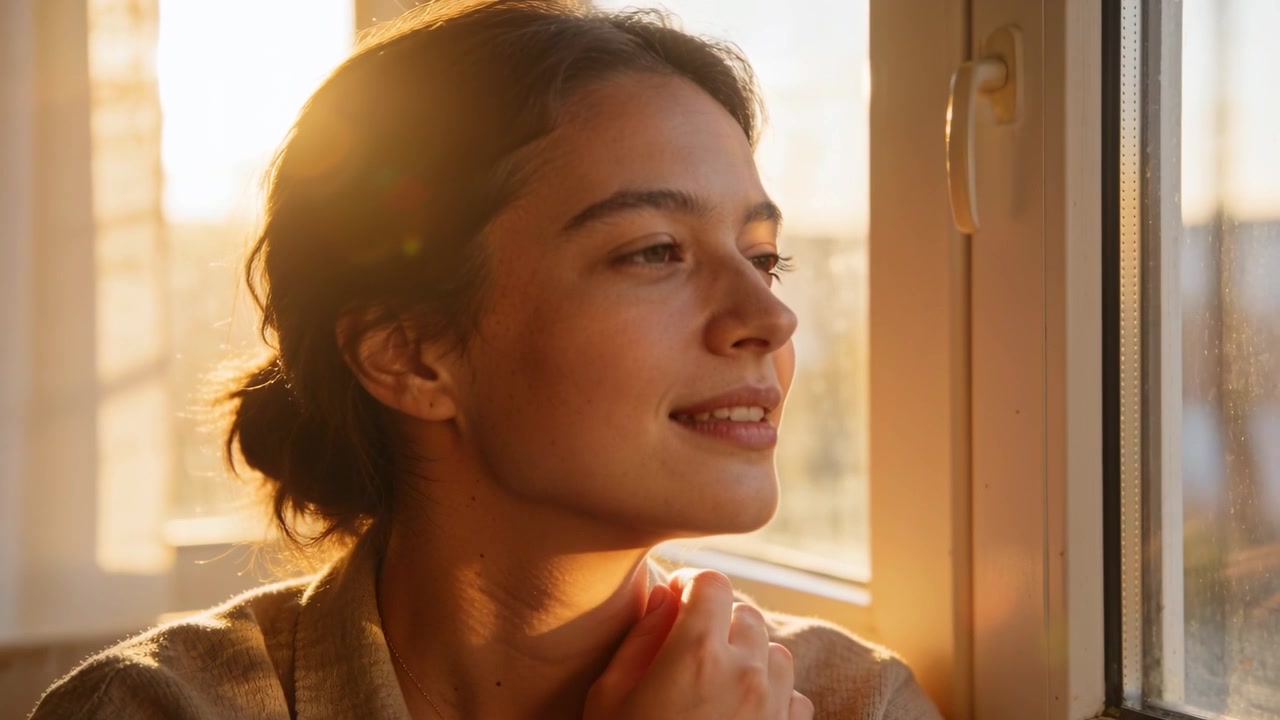 Donna sorridente che osserva i raggi del sole, toccandosi il mento e riflettendo vicino alla finestra, con un maglione color cammello.