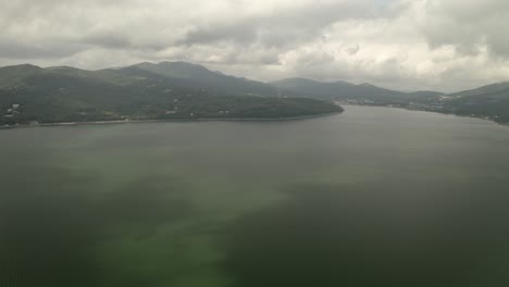 Drone-Aerial-over-Lake-Yamanaka-and-Mount-Fuji,-Japan,-Asia