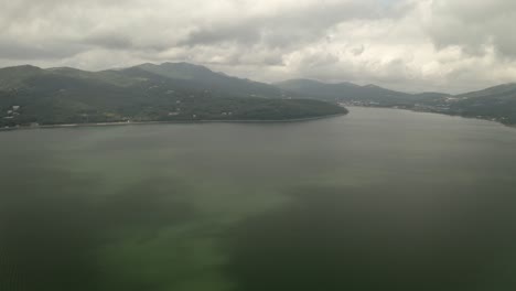 drone aerial over lake yamanaka and mount fuji, japan, asia