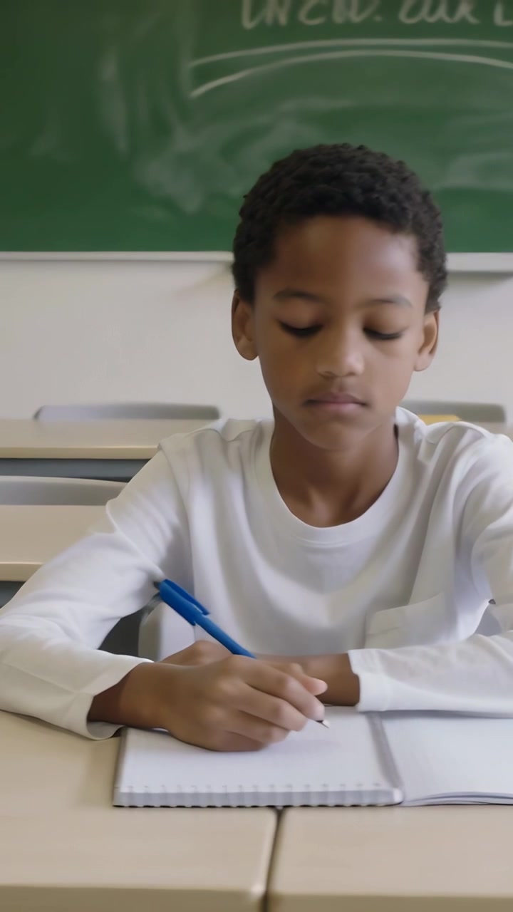 Video verticale: Ragazzo con camicia bianca che scrive e prende appunti con penna blu, tenendo fermo il quaderno al banco di scuola