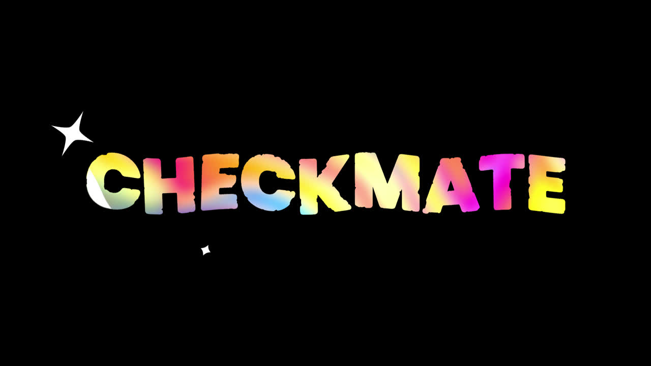 Barevná textová animace Šach mat s jiskrami na černém pozadí