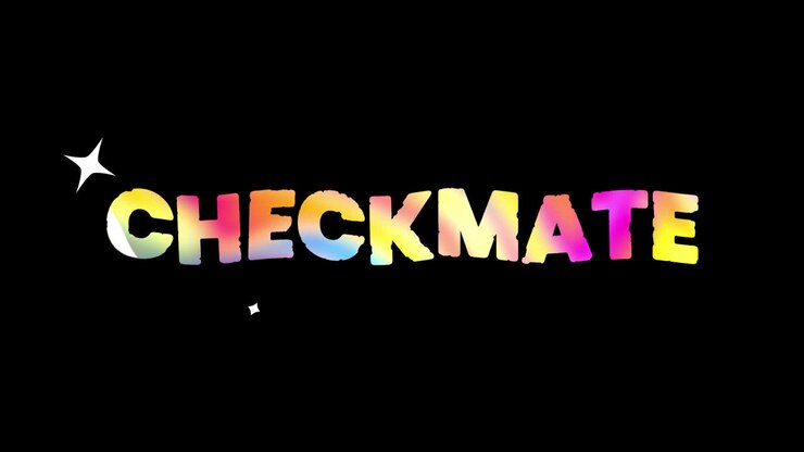 Colorful Checkmate Text Animation with Sparkles on Black Background