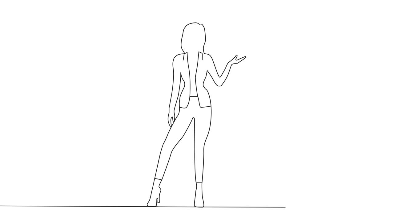 Animation of one line drawing of single continuous line drawing businesswoman standing straight with open arms