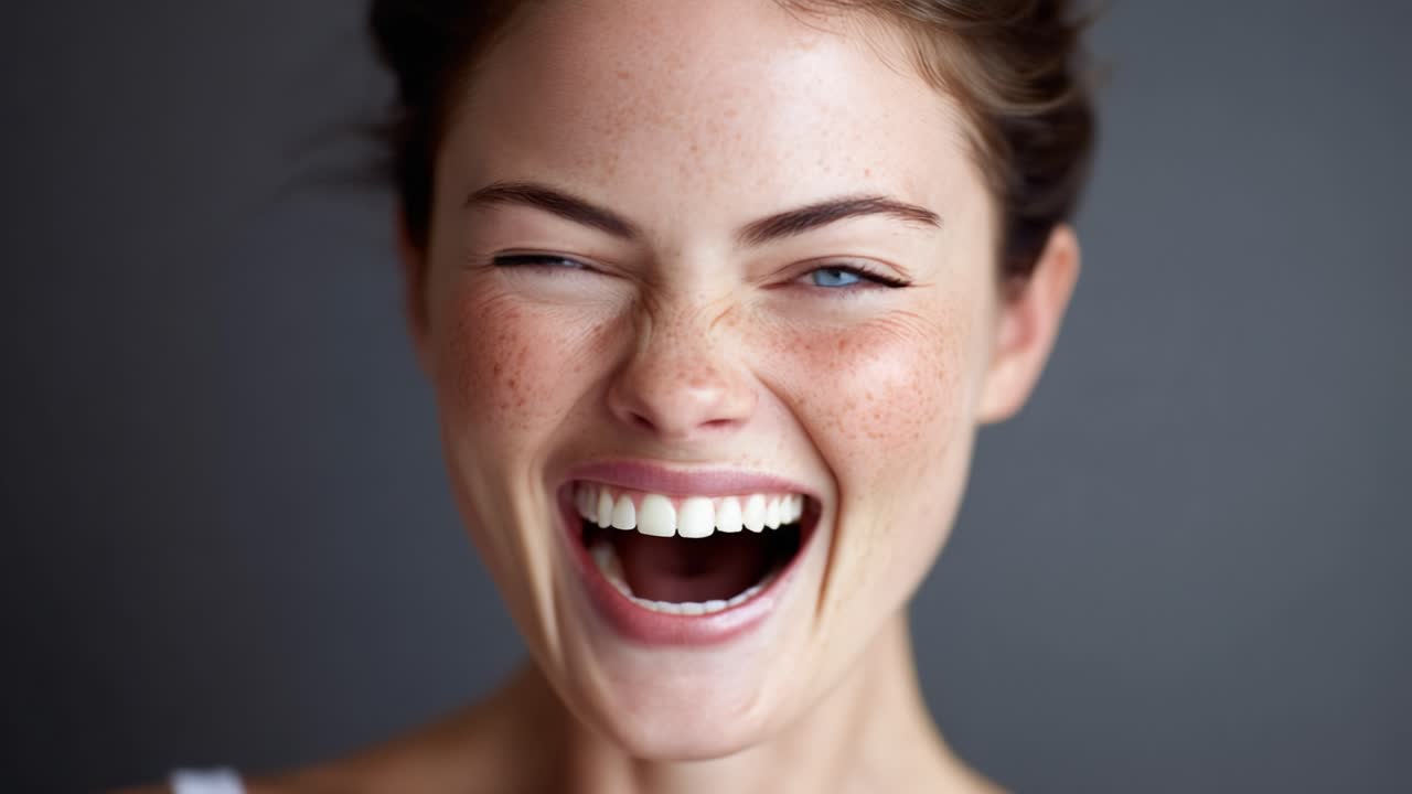 Joyful Expression: A Captivating Journey through Laughter and Happiness Captured in Two Frames of a Radiant Smile with Freckles and Bright Blue Eyes
