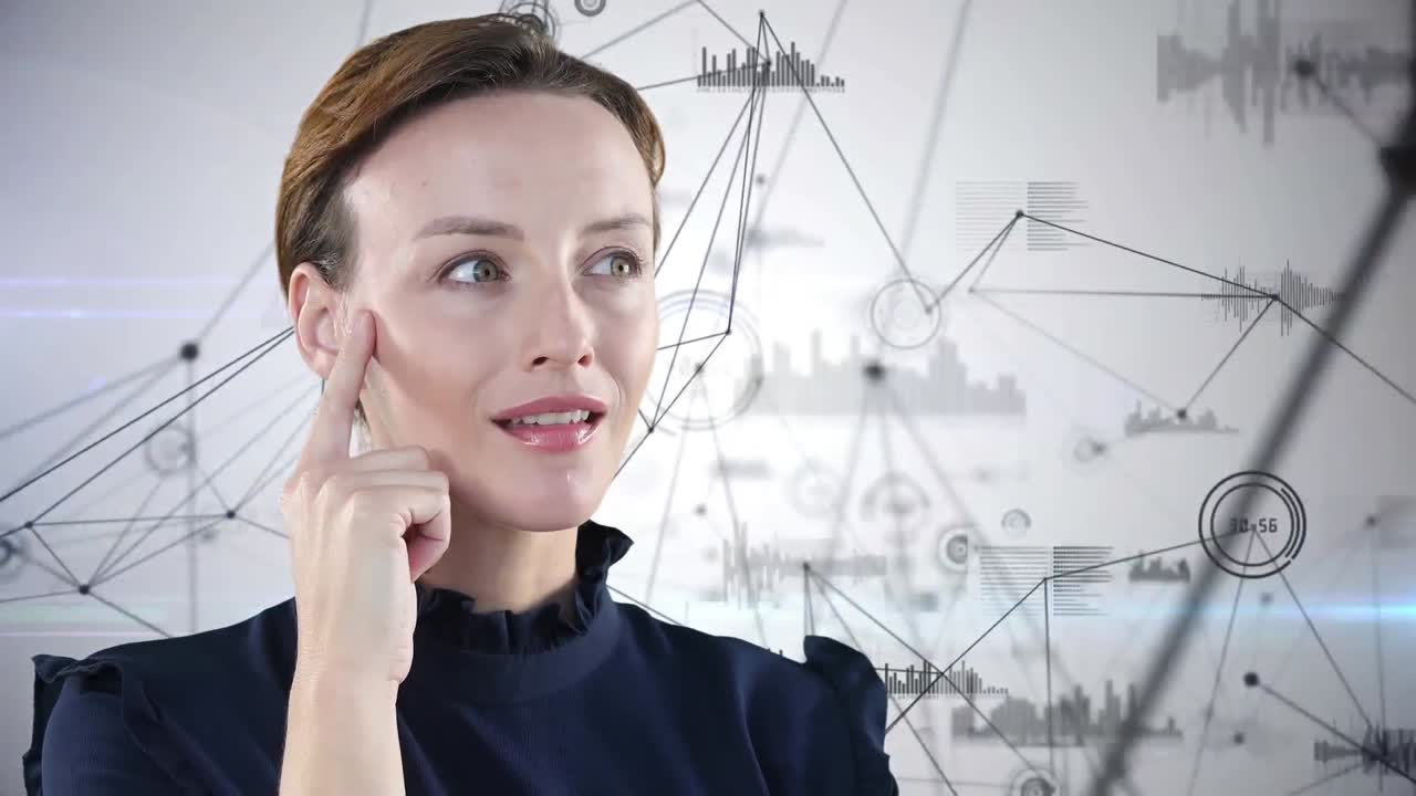 анимация кавказской женщины, думающей о сети связей с социальными иконами и статистикой