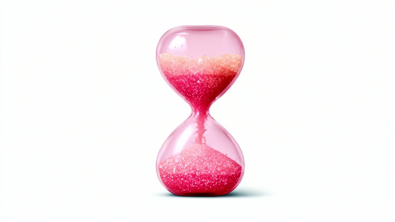 A Stunning Hourglass Filled with Vibrant Pink and Orange Sand Captures the Essence of Time, Flowing Gracefully from One Chamber to the Next in a Beautiful Display of Motion