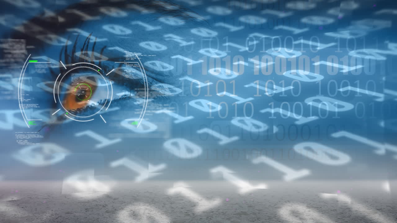 animación del procesamiento de datos de codificación binaria con escaneo de alcance y ojo