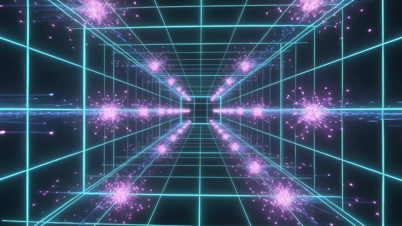Starting, magenta bursts pulsing and sparking, cyan beam conveying energy to camera in grid tunnel