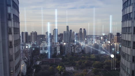 future concept with glowing digital lines connecting city - cinematic drone flight between twin skyscraper buildings in buenos aires - modern skyline with high tech data communication -5g 6g network