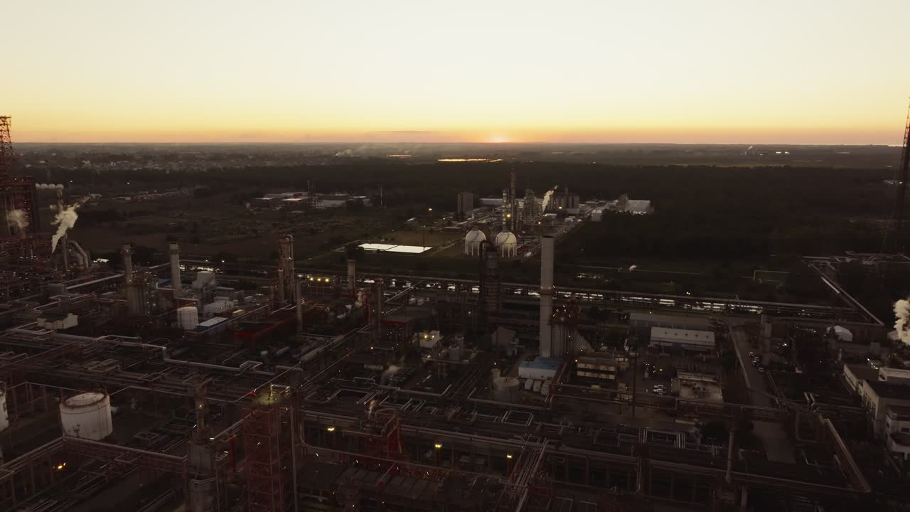 Drone footage flying backward from a large oil processing plant, gradually expanding the view to show the entire industrial area and its surroundings