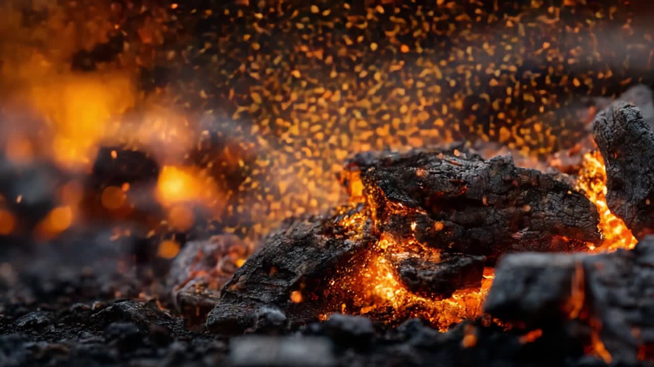 Glødende gløder: Fængslende nærbillede af ildfulde kulgnister, der tilbyder et fantastisk skue af varme og lys i en natlig ildscene.