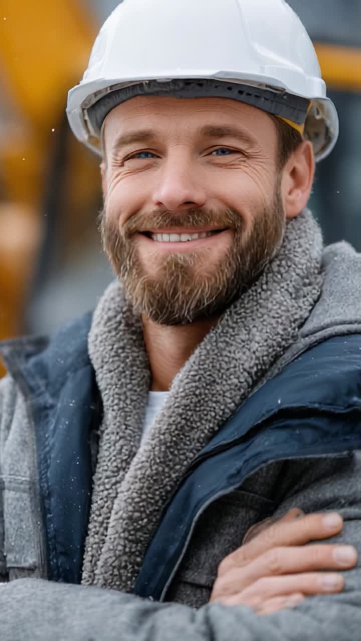 Smiling Construction Worker in Safety Helmet Exudes Confidence and Professionalism While Posing for the Camera on a Busy Job Site