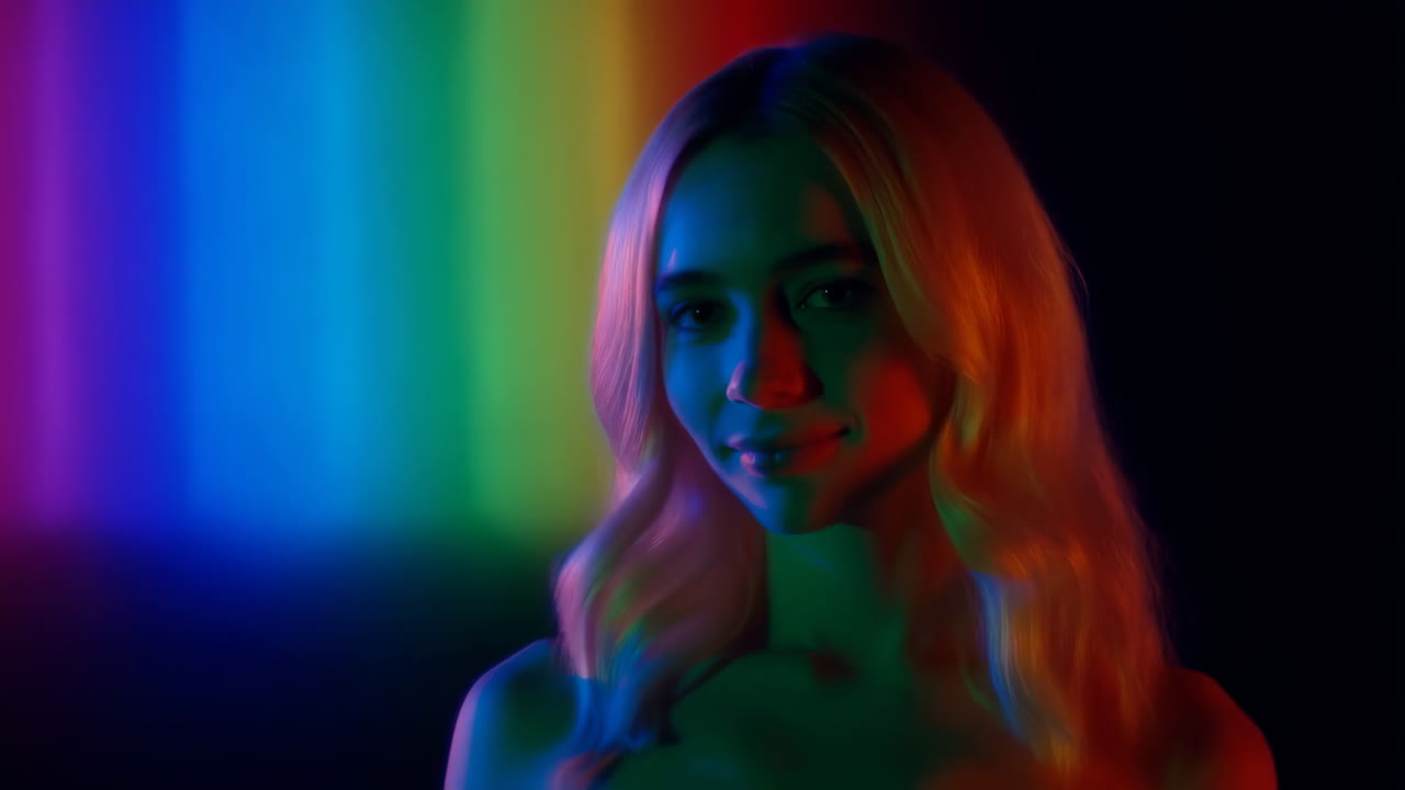 Ritratto di una donna con illuminazione arcobaleno