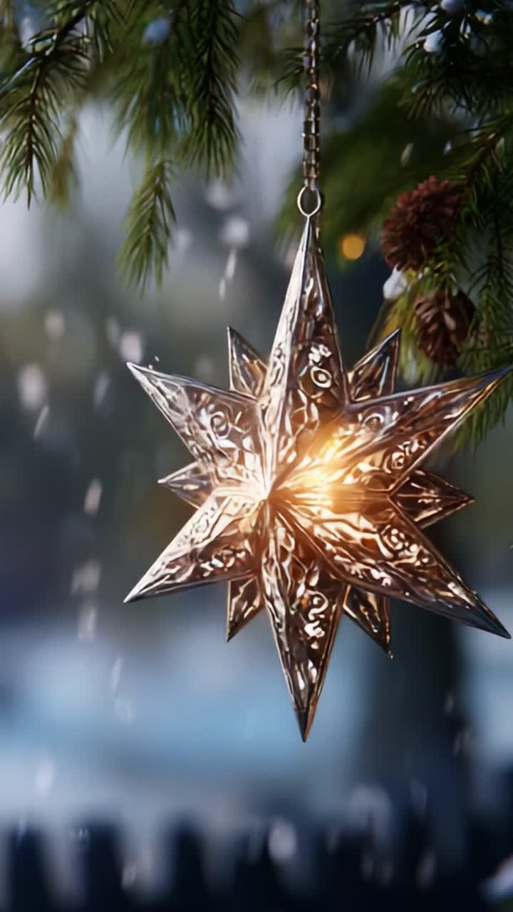 A Beautifully Crafted Silver Star Ornament Hanging from a Snowy Tree Branch, Illuminated by a Soft Warm Glow, Perfectly Capturing the Spirit of the Winter Season and Holiday Celebrations