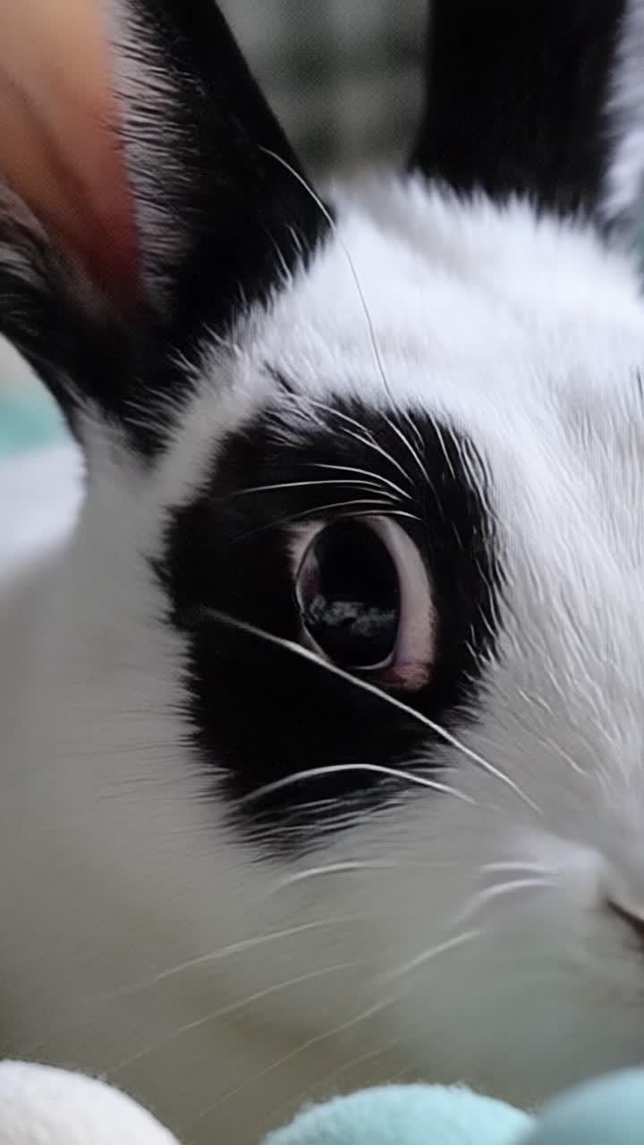 Adorabile primo piano di un coniglio bianco e nero che mostra le sue incantevoli caratteristiche, i motivi del pelo e gli occhi espressivi, catturando l'essenza di questo animale domestico giocoso in un ambiente accogliente