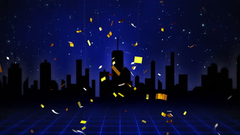 Animation-of-confetti-and-cityscape-on-black-background