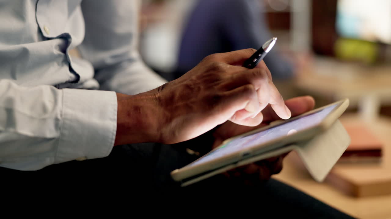Businessman, hands and tablet design at night