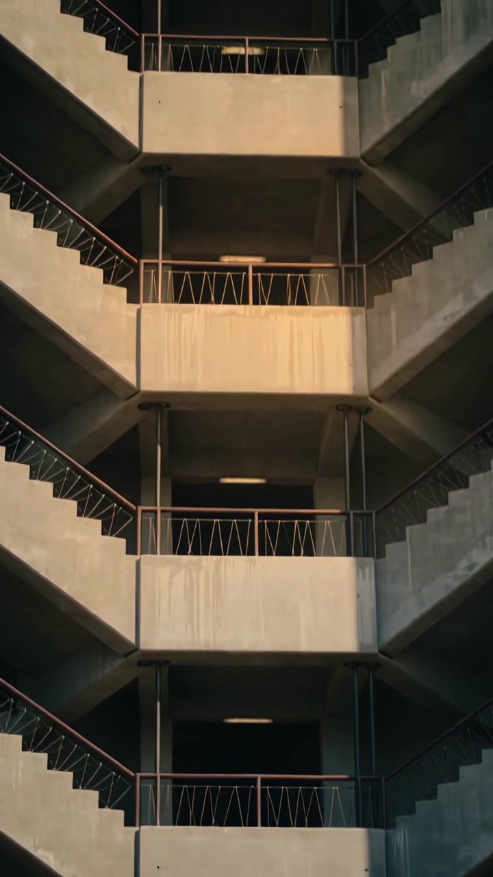Vertical video: Recording camera capturing concrete stair core in stairwell, sunlight shifting
