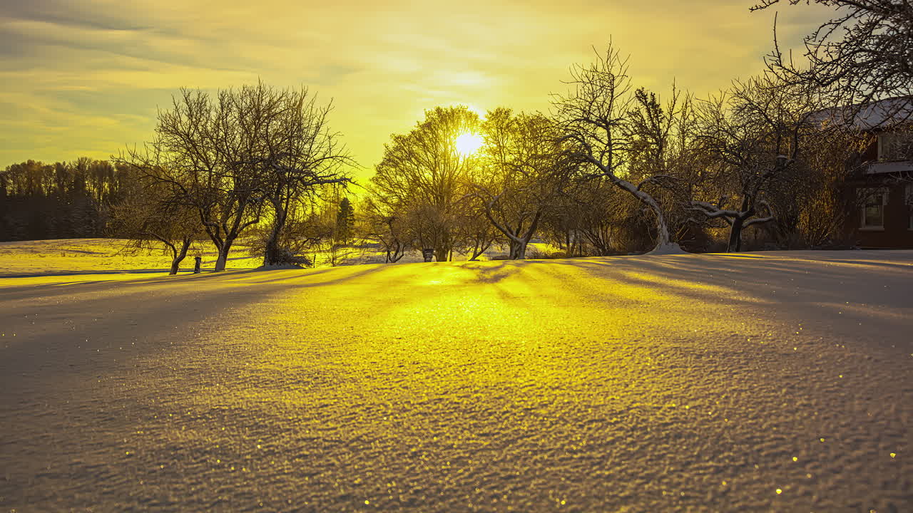 얼어붙은 계곡 의 가을 나무 들 에 황금색 을 띄고 있는 화려 한 일몰 의 놀라운 풍경 은 매혹적 인 풍경 을 떠올리게 한다