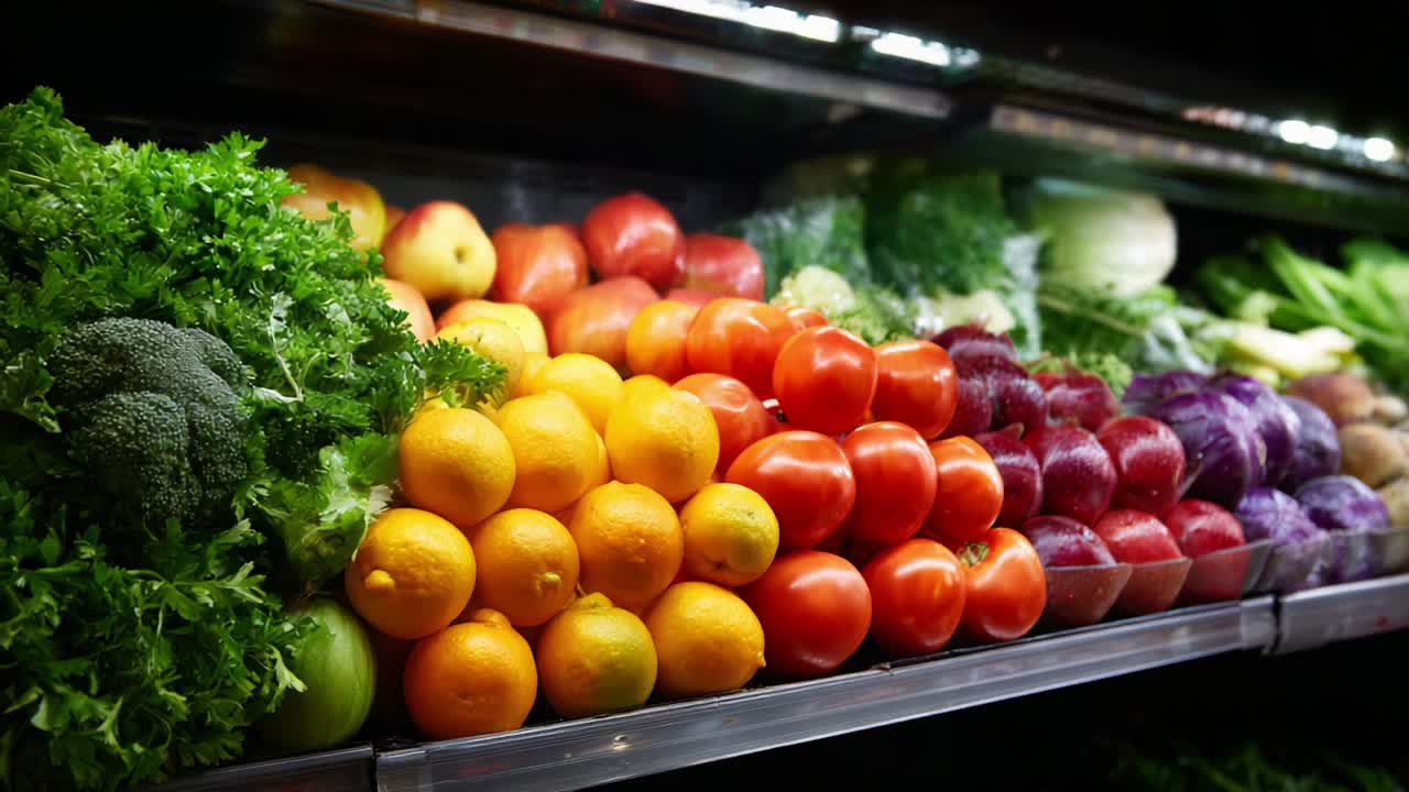 A Colorful Display of Fresh Fruits and Vegetables Showcasing a Abundant Variety of Produce in a Market Setting, Featuring Lush Greens, Bright Citrus, and Vibrant Red Tomatoes That Catch the Eye