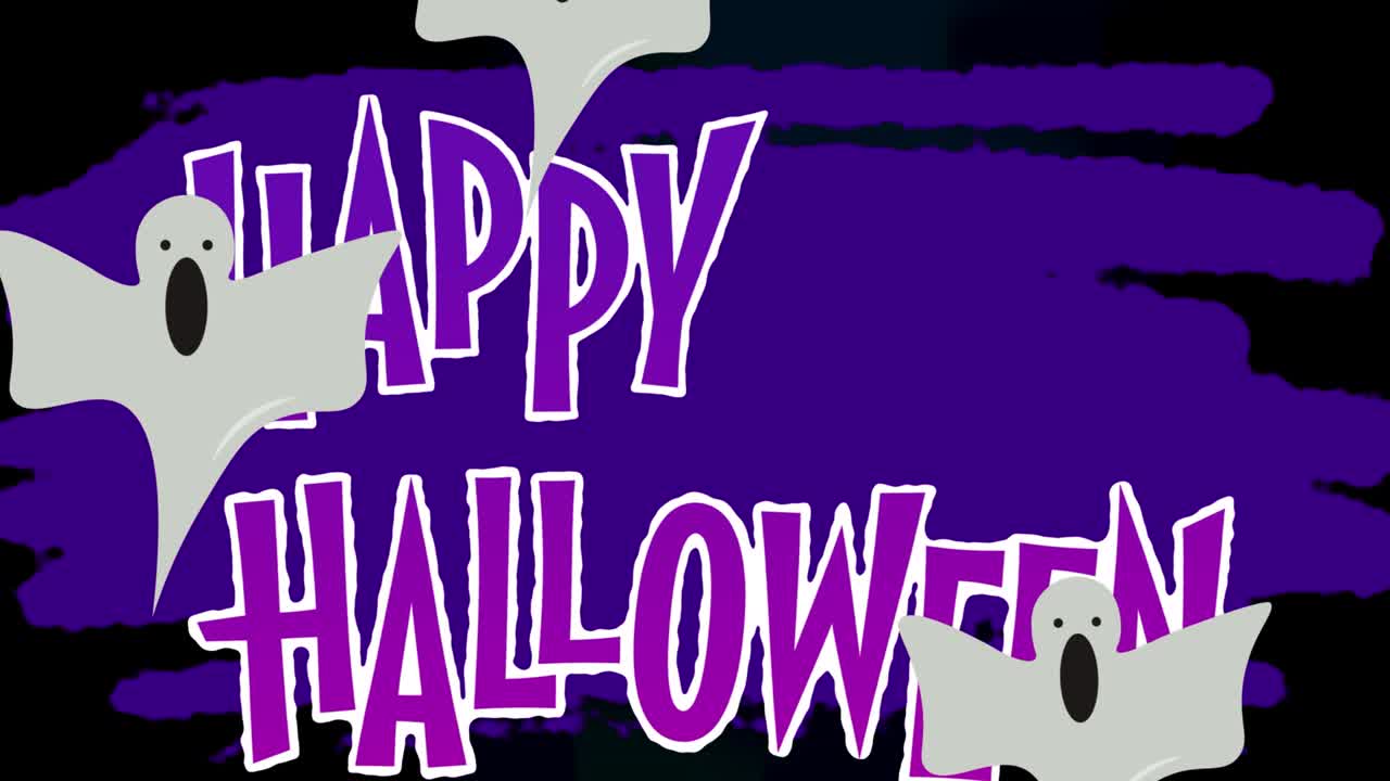보라색과 검은색 바탕에 할로윈 인사를 날아다니는 유령의 애니메이션