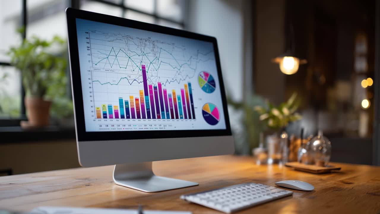 Analyzing Data Trends on a Computer Screen: Visual Graphs, Charts, and Statistics Illustrating Business Performance in an Office Environment