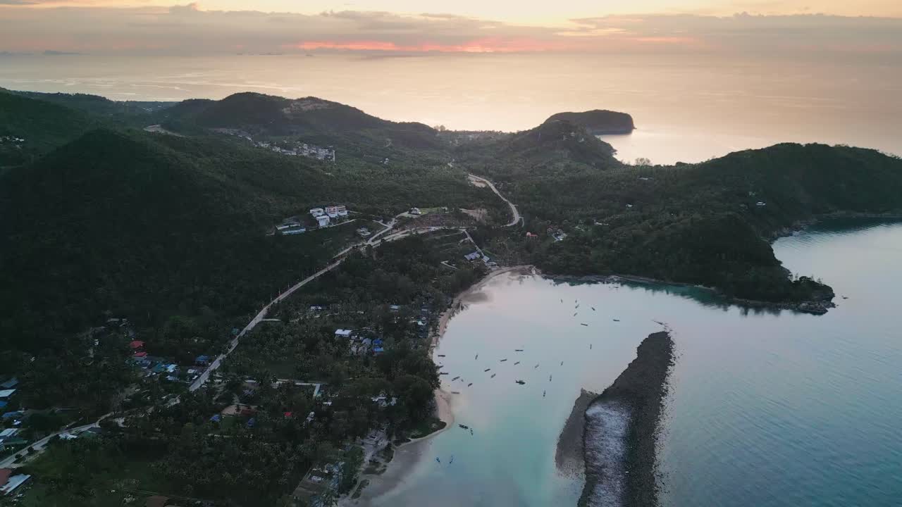 Tropical Sunset at resort island Koh Pha Ngan Thailand Aerial at Southeast Asia