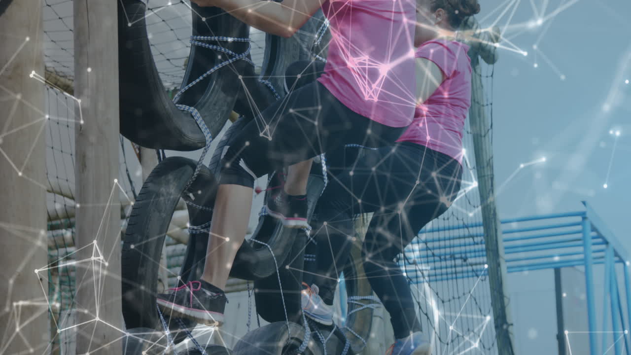 Animation of shapes over diverse women at obstacle course climbing
