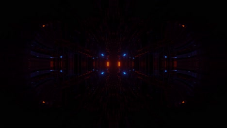 computerized animation of highly immersive dark space with blue and orange leds illuminating it