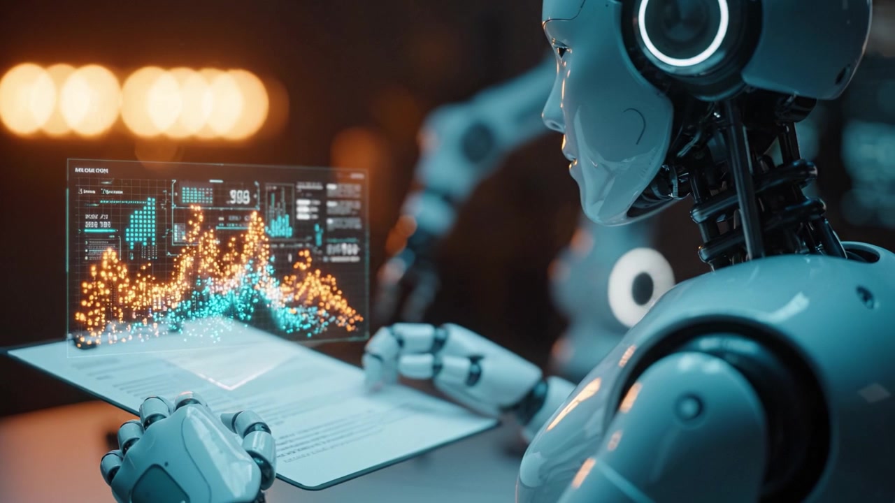 A futuristic robotic assistant analyzes data on a transparent display while holding a clipboard, showcasing advanced technology in artificial intelligence applications.