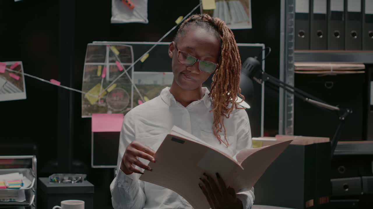 A woman examining documents in an office