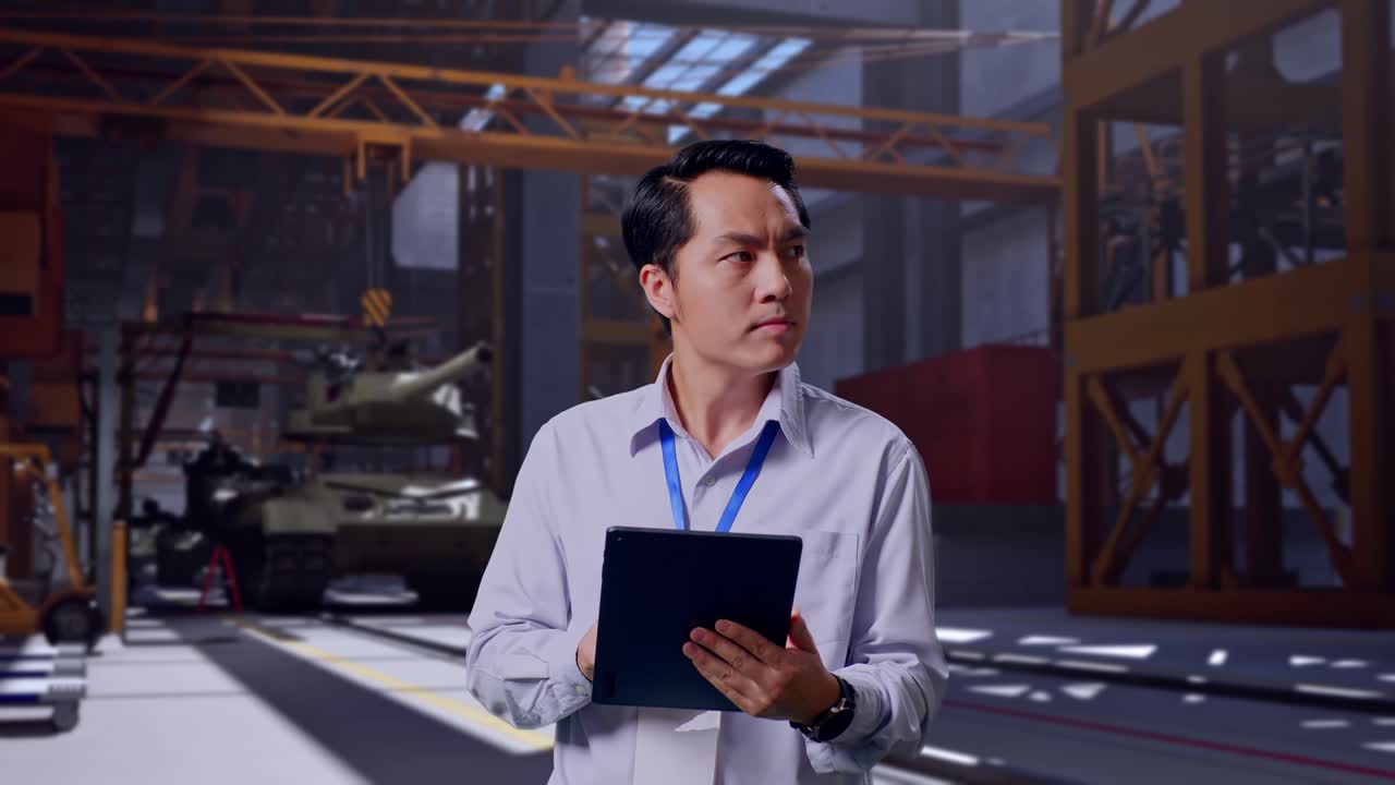 Asian Male Professional Worker Standing With His Tablet, Military Tank Under Construction in Industrial Facility, He Observes By Looking Around Before He Come To Concentrating With His Tablet