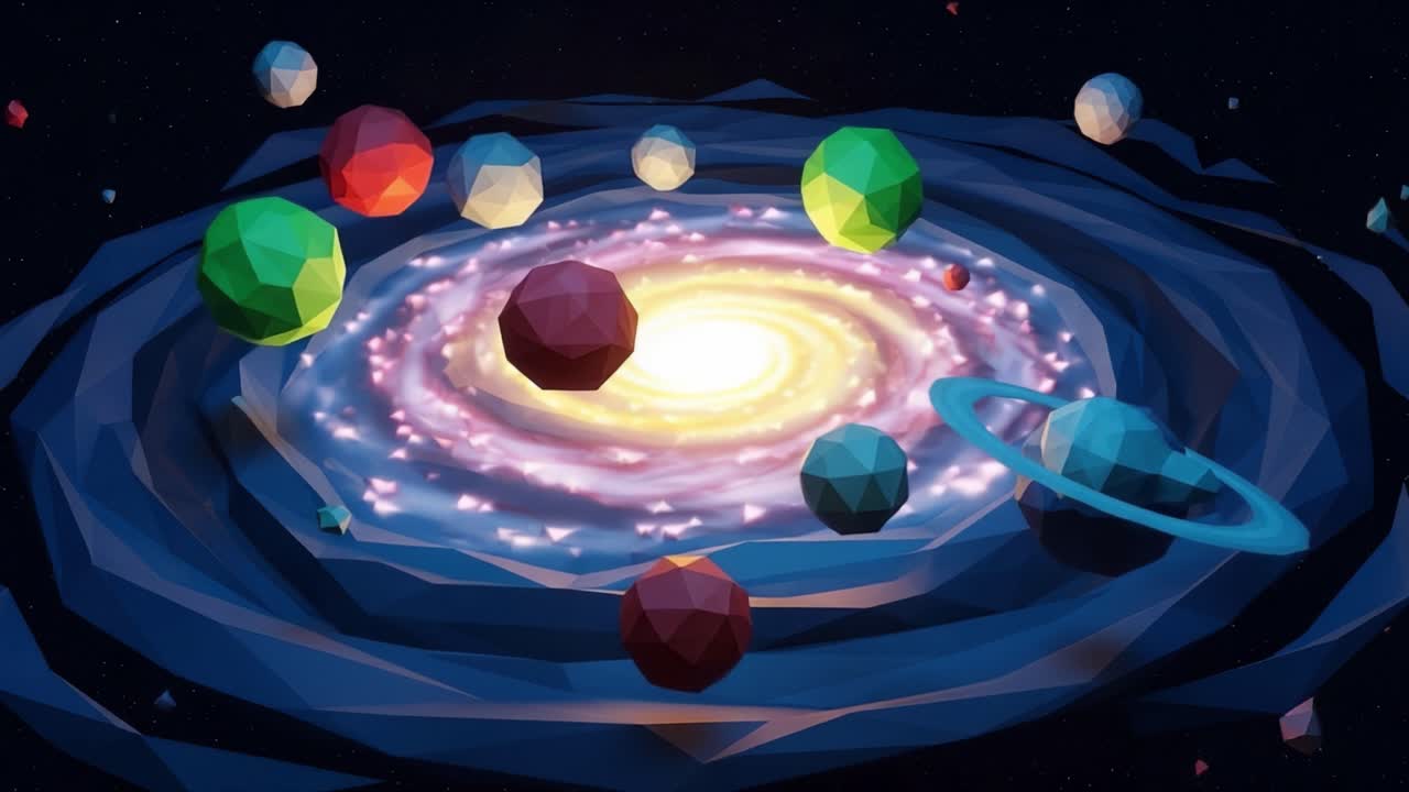 A Stunning Exploration of a Geometrically Crafted Galaxy, Showcasing a Vibrant Spiraling Milky Way Surrounded by Colorful Planets and Cosmic Elements