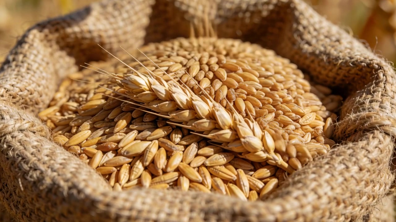 Grano sfuso che viene versato fuori campo, sacco di iuta che si riempie per il raccolto in fattoria, spiga di grano che si inclina.