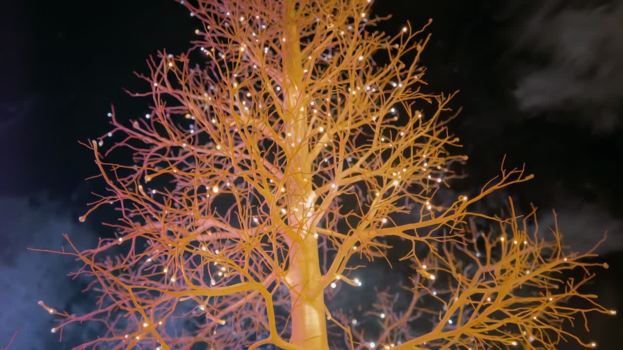 Purple-pink glow initiating tree cycling orange to green colors with decorative bulbs in night sky
