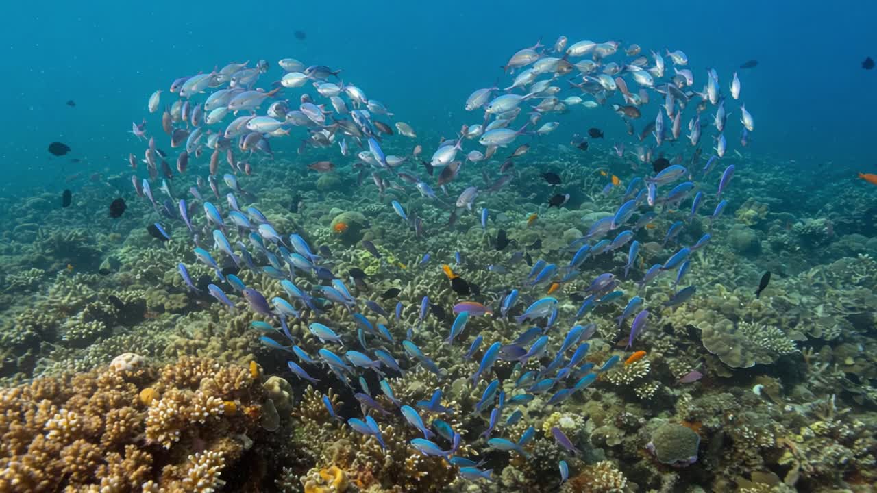 A Breathtaking Underwater Display of Schooling Fish Forming a Heart Shape, Showcasing the Beautiful Harmony of Marine Life in a Vibrant Coral Reef Ecosystem
