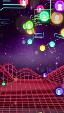 animación de iconos y formas de medios sobre montañas y espacio