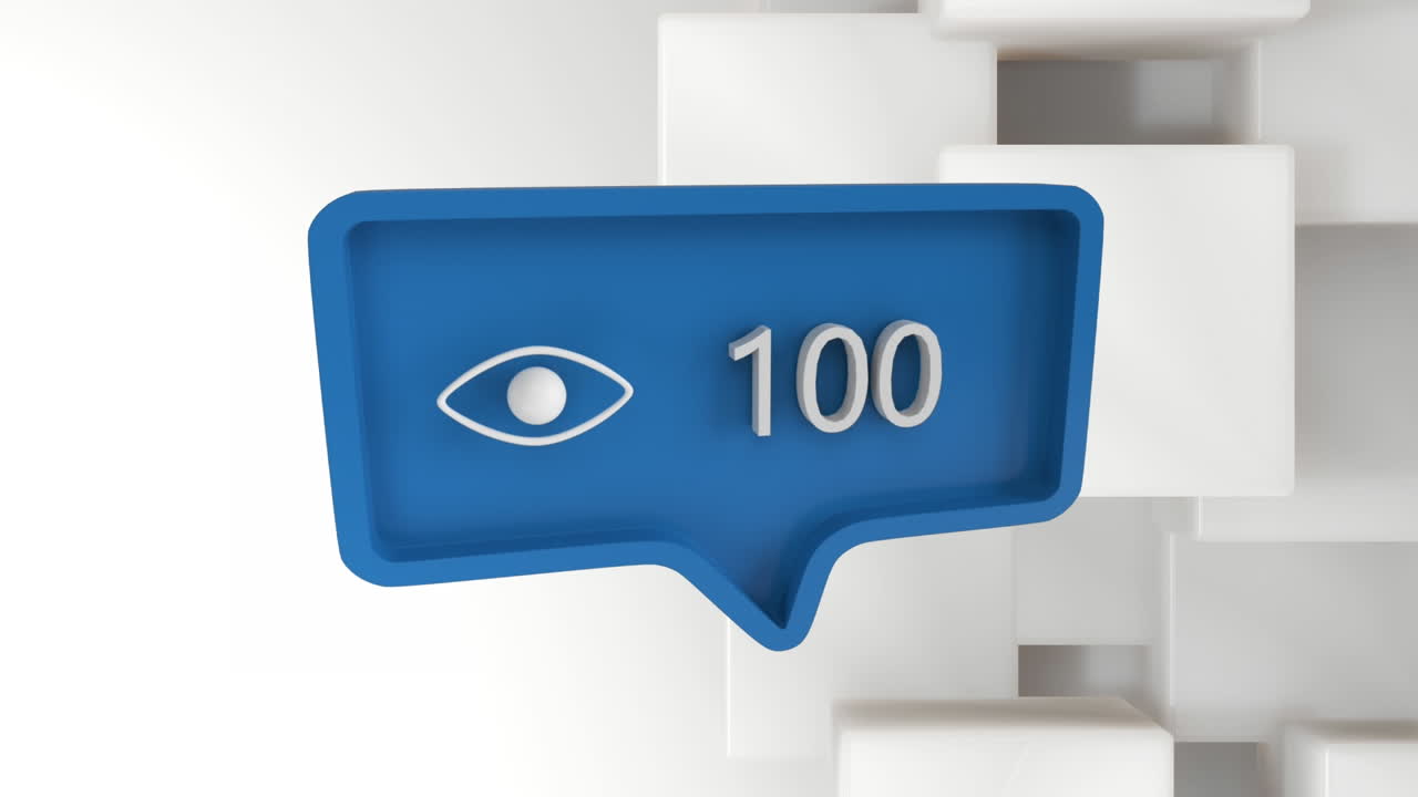 animación del icono del ojo de las redes sociales con un número creciente sobre cubos blancos sobre fondo blanco.