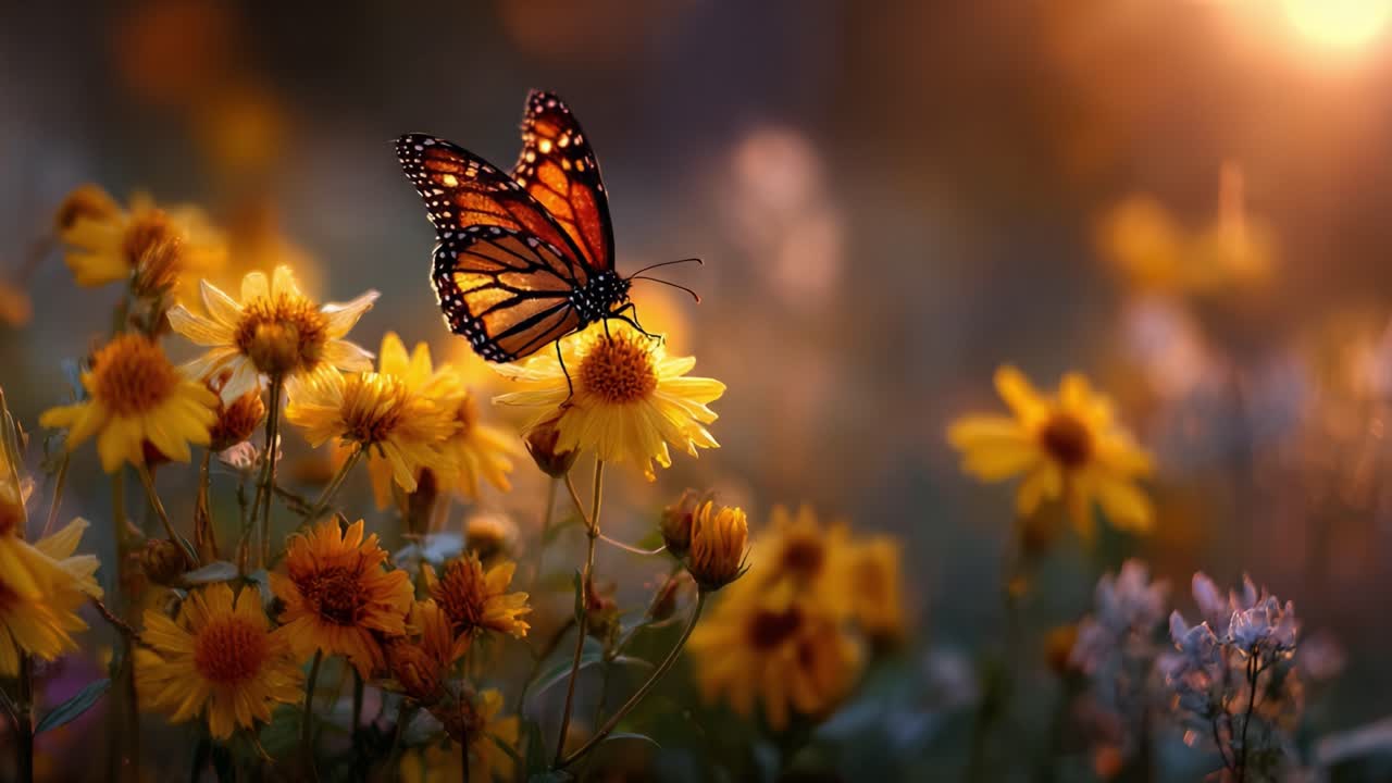 Una vivace farfalla monarca si posa su fiori giallo brillante, catturata nella luce soffusa del tramonto, evidenziando l'armonia della natura e la bellezza floreale