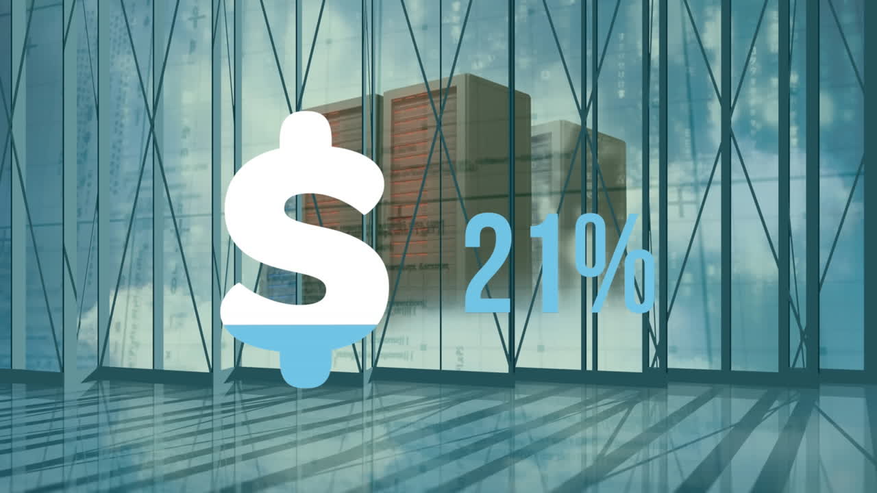 animación del signo de la moneda del dólar llenándose de azul sobre los servidores de la computadora