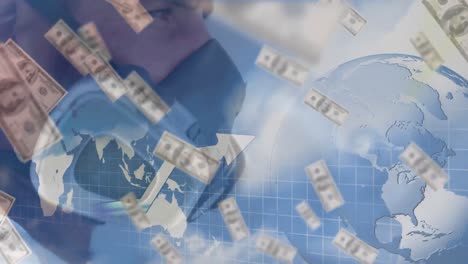 animación de un hombre con una máscara protectora y un globo girando con la caída del dólar coronavirus cov