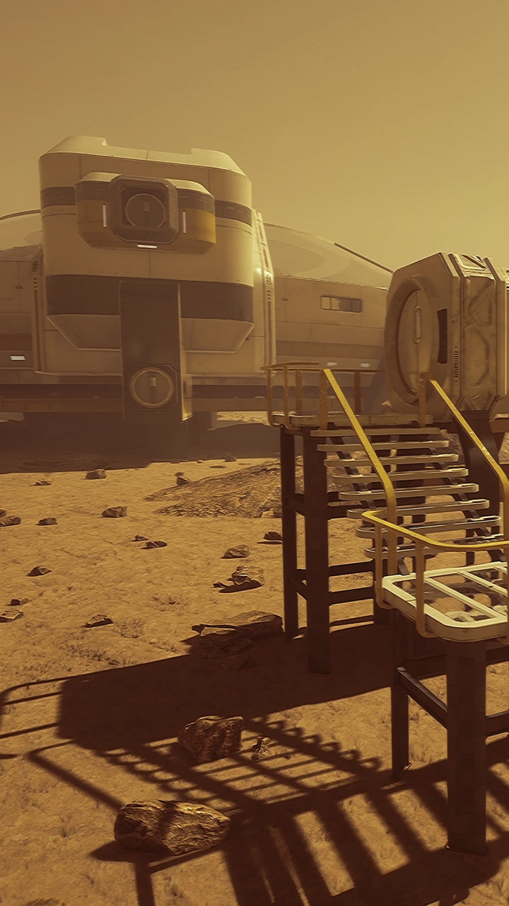 Mars base with space module and landing ladder in a dusty landscape
