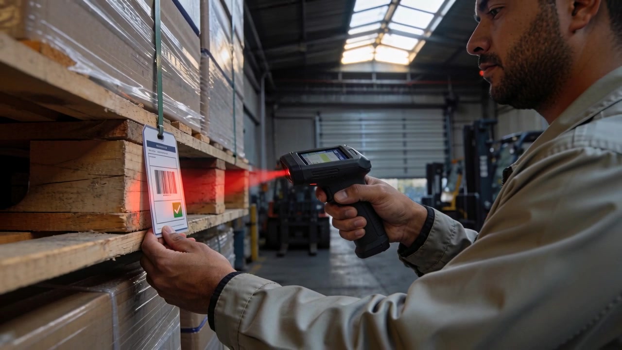 On receiving worker wearing work jacket aiming scanner at pallet barcode in loading bay, copy space